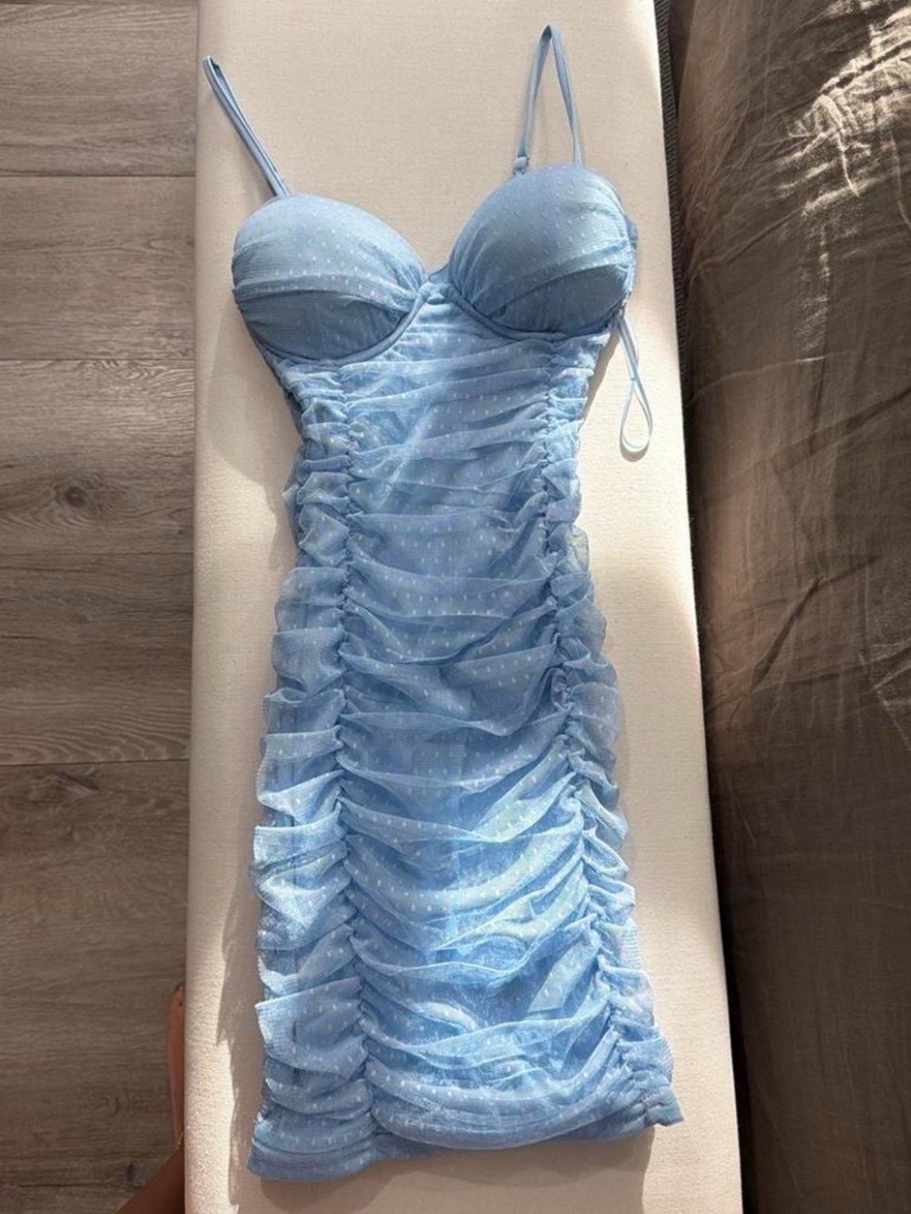 Windsor Light Blue Ruched Spaghetti Strap Mini Dress